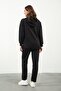 Maternity Stretchy Abdominal Band Adjustable Waist Hooded Nursing Detailed Tracksuit Set Black - 6