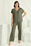 18488 Women's V-Neck Short Sleeve Pajama Set-Khaki - 2