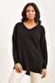 Women's Black V-Neck Basic Knitwear Sweater with Side Slits Kzk-19000868 - 2
