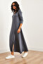 Women's Smoked V-Neck Three-Quarter Sleeve Slit Modal Maxi Dress Elb-19002286 - 3