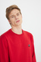 Regular Fit Regular Cut 100% Cotton Crew Neck Men's Red Minimal Logo Sweatshirt - 4