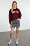 Claret Red Thick Fleece Inside Oversize/Comfortable Cut Slogan Embroidered Knitted Sweatshirt Twoaw25Sw00030 - 2