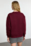Claret Red Thick Fleece Inside Oversize/Comfortable Cut Slogan Embroidered Knitted Sweatshirt Twoaw25Sw00030 - 5