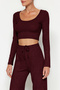 Bordo Yumoş Crop ve Wide Leg/Geniş Paça Örme Alt Üst Takım TWOAW23AU00125 - 5