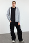 Gray Melange Regular Fit Hooded Zipper Detailed Label Appliqué Thick Sweatshirt Tmnaw23Sw00172