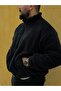 Men's Black Oversize Zippered Plush Coat - 4