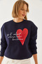 Women's Navy Blue Heart and Text Printed Sweatshirt Mbhs023 60601023 - 6