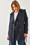 Women's Navy Blue Front Aller Detail Medium Length Trench Coat 2423 60351113 - 6