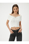 Off Shoulder T-Shirt Zippered Short Sleeve Ribbed Fold Detailed Viscose Fabric - 3