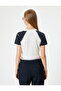 Crop T-Shirt College Printed Crew Neck Slim Fit Color Block - 4