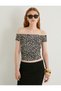 Leopard Patterned Crop Blouse Boat Neck Slim Fit - 3