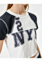 Crop T-Shirt College Printed Crew Neck Slim Fit Color Block - 5