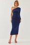 Women's Navy Blue One-Shoulder and Gathered Long Dress 375 60351135