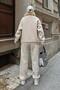 Beige Pow Crew Neck Sweatshirt-Sweatpants with Ribbon Inside Women's Tracksuit Set - 5
