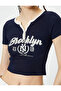 V-Neck Crop T-Shirt Buttoned Printed Short Sleeve Ribbed Cotton Slim Fit - 5