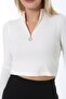 Women's Crop Half Zipper High-Rise Long Sleeve Blouse, Ribbed Lycra Camisole Fabric - 6