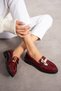 Women's Burgundy Patent Leather Daily Comfortable Casual Classic Loafer Shoes with Kalvaniz Buckle - 6
