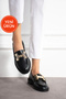 Women's Black Skin Daily Comfortable Casual Classic Loafer Shoes with Kalvaniz Buckle