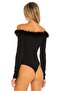 Women's Black Fur Collar Strapless Cut Double Layer Silk Jersey Bodysuit Kt364 - 4