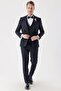 Men's Dark Navy Blue 6 Drop Slim Fit Tuxedo Groom Suit with Removable Mono Collar Vest 1001230202 - 6