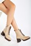 Women's Genuine Leather Thick Heeled Stylish Lace-Up Boots Beige Color - Brown Sole