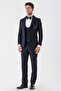 Men's Dark Navy Blue Patterned Double-Breasted 6 Drop Slim Fit Tuxedo Groom Suit 1001230214 - 5