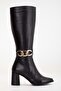 Women's genuine leather buckle detailed boots - black - 3