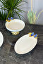 Blue Butterfly 3 Piece Porcelain Presentation Service Set & Candle Foot Salad Bowl Oval Napkin Plate - 3
