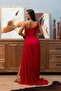 Red Satin One Shoulder Slit Long Evening Dress - 5