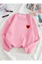 Women's Pink Minimal Heart Printed Crew Neck Oversized Embossed Sweatshirt Hoodie