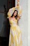 Yellow Printed Low Sleeve Slit Long Evening Dress