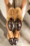 Linda Bitter Coffee Women's Flat Shoes with Fur Skin