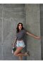 Women's Gray Color Ottoman Fabric Side Gathered Crop T-Shirt - 2