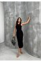 Women's Black Color Ottoman Fabric Single Slit Midi Length Evening Dress
