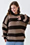 Women's Low Long Sleeve Line Patterned Crew Neck Oversize Fit Striped Brown Knitwear Sweater 6600 - 7
