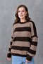 Women's Off Shoulder Wide Sleeve Crew Neck Long Sleeve Oversize Fit Striped Brown Knitwear Sweater 6600 - 7