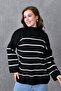 Women's Modest Low Long Sleeve Line Patterned Stand Collar Striped Black Knitwear Hijab Sweater 6100 - 4