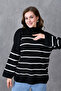 Women's Modest Low Long Sleeve Line Patterned Stand Collar Striped Black Knitwear Hijab Sweater 6100 - 7