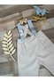Handmade Handcrafted King Crown Concept Cream Baby Blue Detailed Baby Boy Pants Salopet - 5
