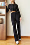 Women's Black Buttoned Crop Ribbed Top and Bottom Set 60351128