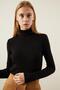 Women's Black Corded Fabric Fisherman Knitwear Sweater - 2