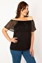 Women's Large Size Black Elastic Collar Lace Flounce Blouse 65n33880 - 2