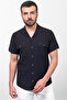 Striped Slim Fit Apache Collar Short Sleeve Linen Men's Shirt Black - 37765.23Y - 3