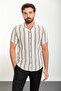 Striped Slim Fit Apaç Collar Short Sleeve Men's Shirt Ecru-Khaki - 37855.24Y