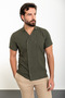 Straight Slim Fit Apache Collar Double Breasted 100% Linen Shirt Khaki - 37872.24Y - 3