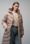 Hooded Pattern Detailed Long Puffer Jacket Stone 6669 - 5