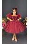 Chiffon Robe Pompom Sleeve Sequined Girl's Crinoline Skirt Tutu Evening Dress Claret Red