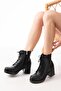 5109-3025 Black Lace-Up Zippered Thick Heeled Daily Women's Boots - 2