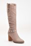 Women's Genuine Leather Bellows Buckle Detailed Heeled Boots - Stone - 4