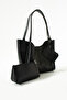 Faux Leather Makeup Bag - Black Snap Fastener, Wallet, Women's Hand and Shoulder Bag L:25 E:38 W:15 cm